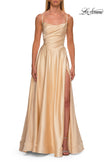 Picture of: A-Line Satin Gown with Draped Bodice, Slit, and Lace-Up Back in Pale Yellow, Style: 33373, Detail Picture 14