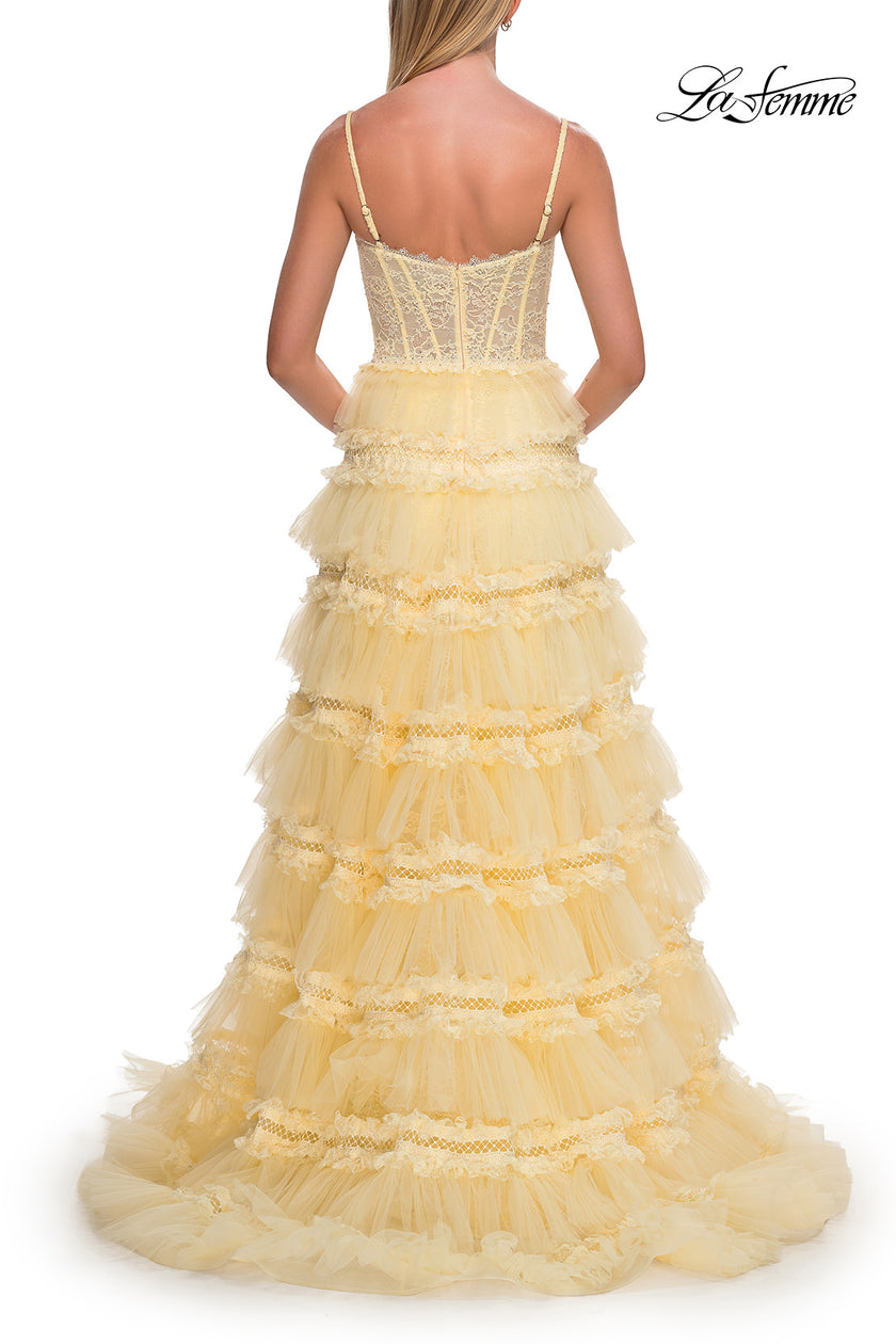 Picture of: Tiered Ruffle Gown with Beaded Bodice and High Slit in Pale Yellow, Style: 33493, Detail Picture 14