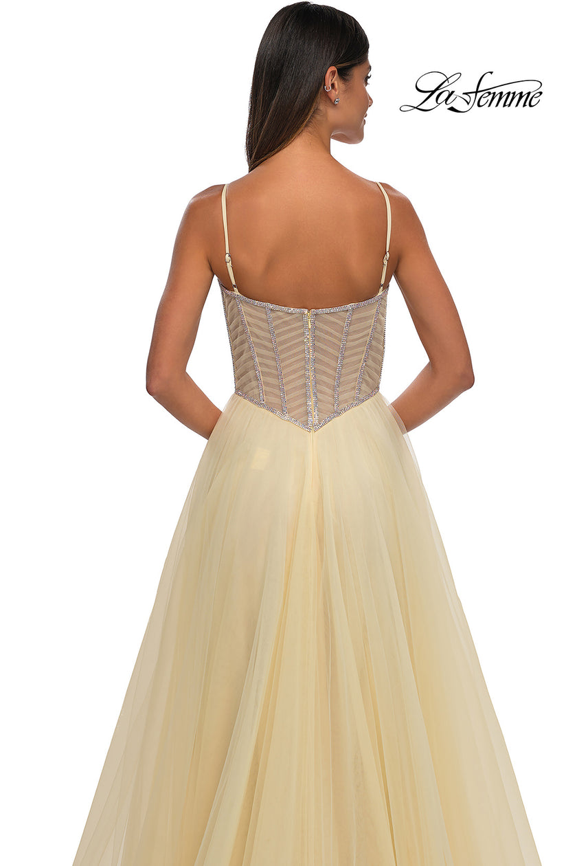 Picture of: Tulle A-line Prom Dress with Rhinestone Detail on Corset Top in Pale Yellow, Style: 32675, Detail Picture 15