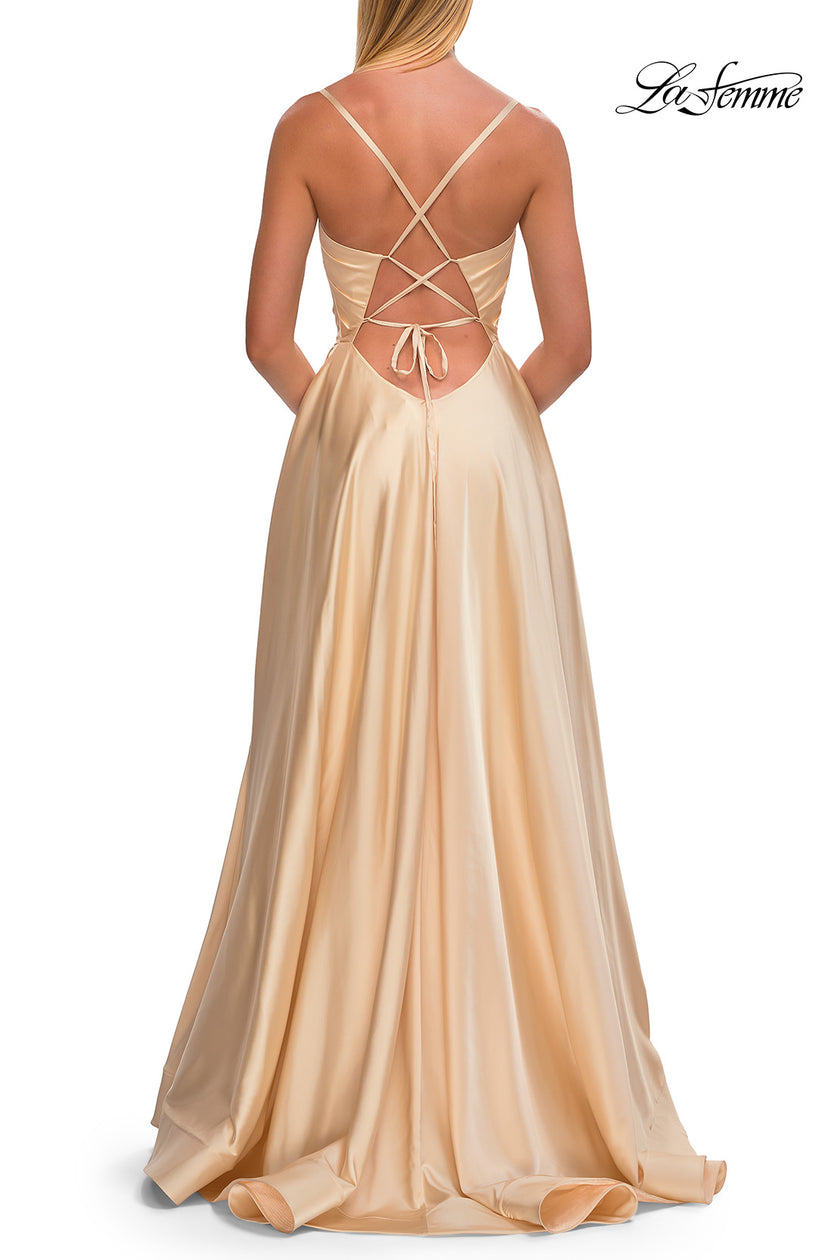 Picture of: A-Line Satin Gown with Draped Bodice, Slit, and Lace-Up Back in Pale Yellow, Style: 33373, Detail Picture 15
