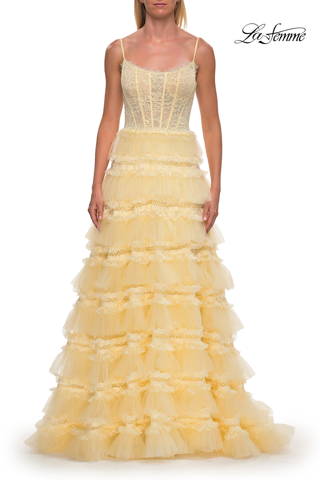 Picture of: Tiered Ruffle Gown with Beaded Bodice and High Slit in Pale Yellow, Style: 33493, Detail Picture 15