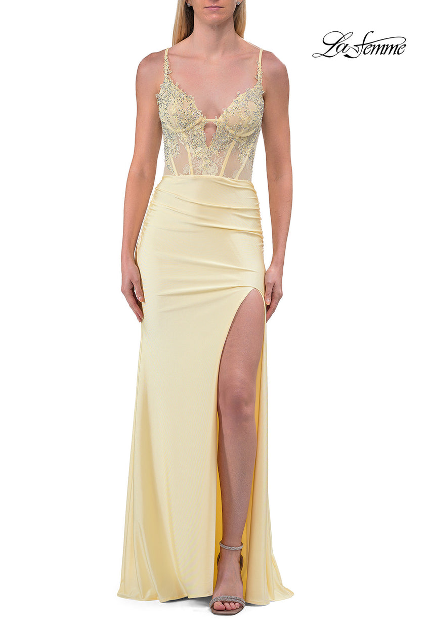 Picture of: Lace Corset Gown with High Slit and Lace-Up Back in Pale Yellow, Style: 33505, Detail Picture 15