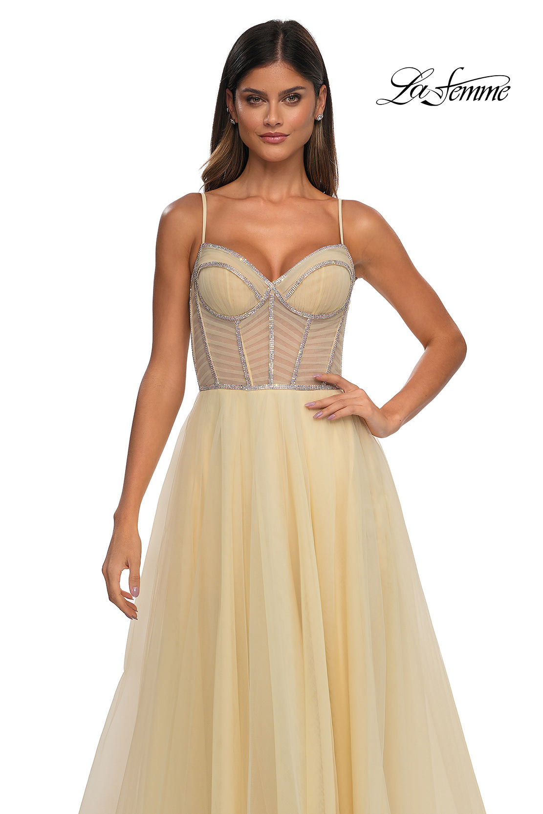Picture of: Tulle A-line Prom Dress with Rhinestone Detail on Corset Top in Pale Yellow, Style: 32675, Detail Picture 16