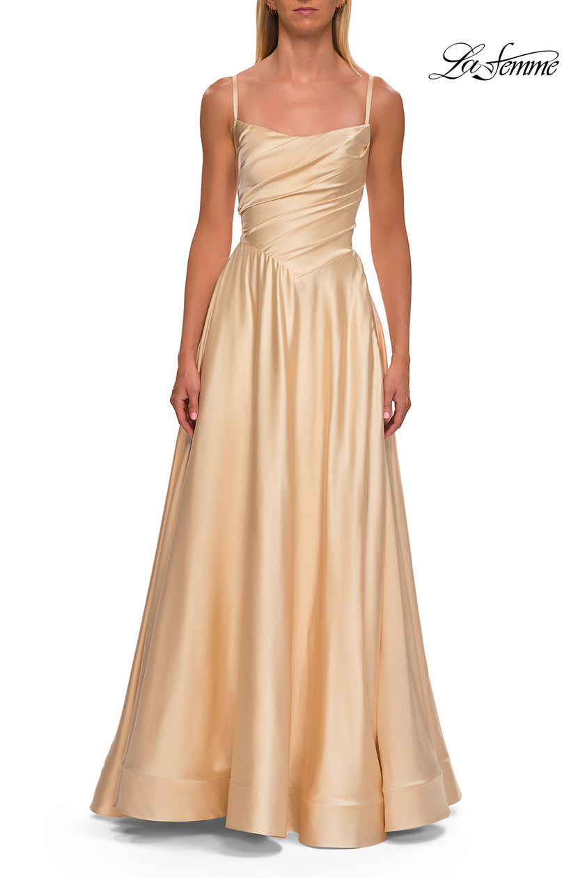 Picture of: A-Line Satin Gown with Draped Bodice, Slit, and Lace-Up Back in Pale Yellow, Style: 33373, Detail Picture 16