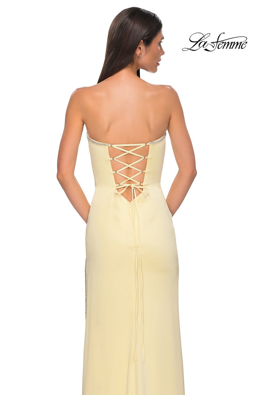 Picture of: Fitted Strapless Dress with Rhinestone Embellished Neckline and Slit in Pale Yellow, Style 32799, Detail Picture 17