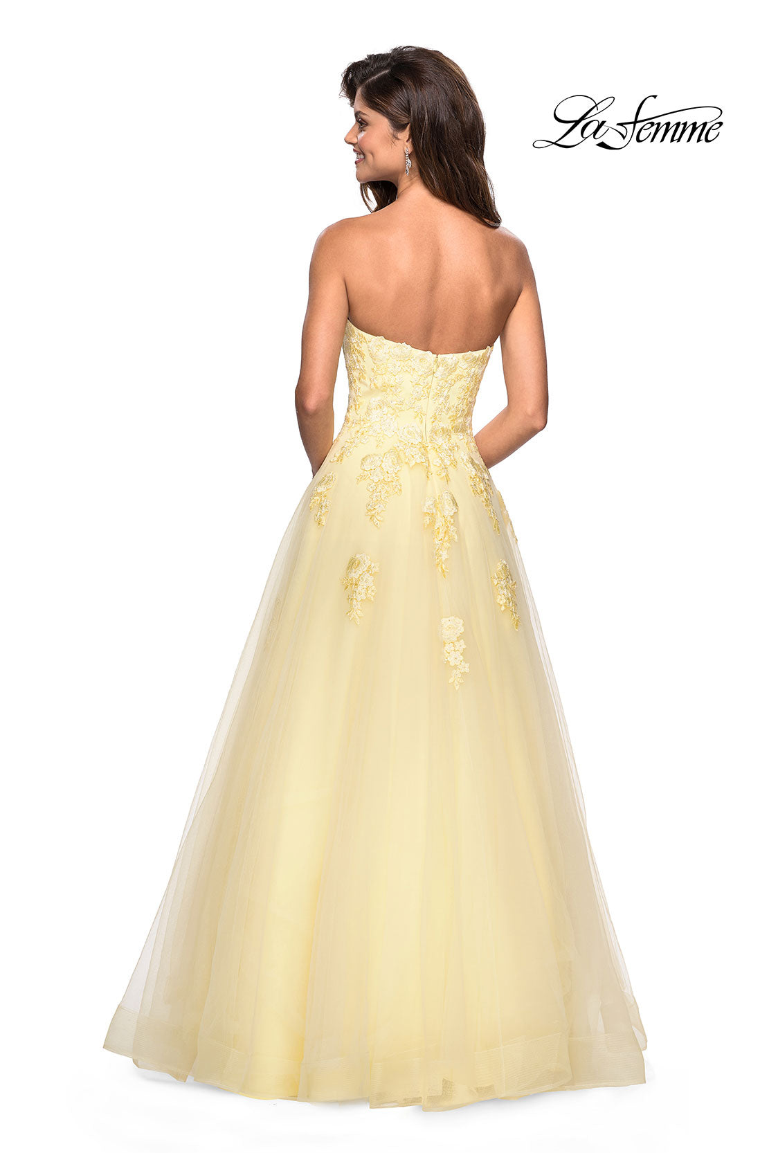 Picture of: Lace Accented Strapless Ball Gown with Pockets in Pale Yellow, Style: 27330, Back Picture