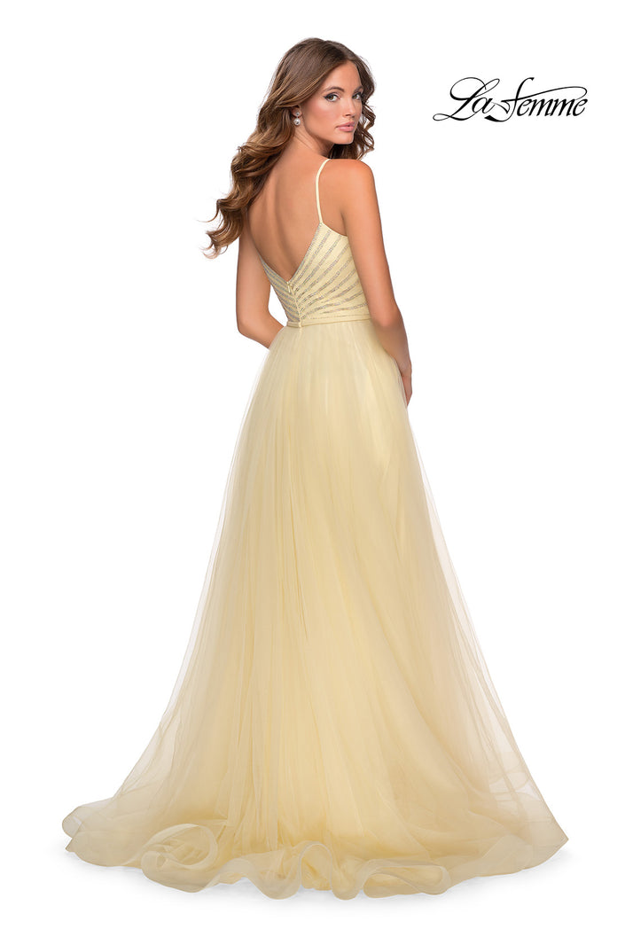 Picture of: Tulle A-line Dress with Patterned Rhinestone Bodice in Pale Yellow, Style: 28511, Back Picture