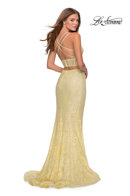 Picture of: Two Piece Lace Dress with Sheer Top and Rhinestones in Pale Yellow, Style: 28590, Back Picture