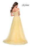 Picture of: Off the Shoulder Tulle Gown with Sheer Floral Bodice in Pale Yellow, Style: 28598, Back Picture