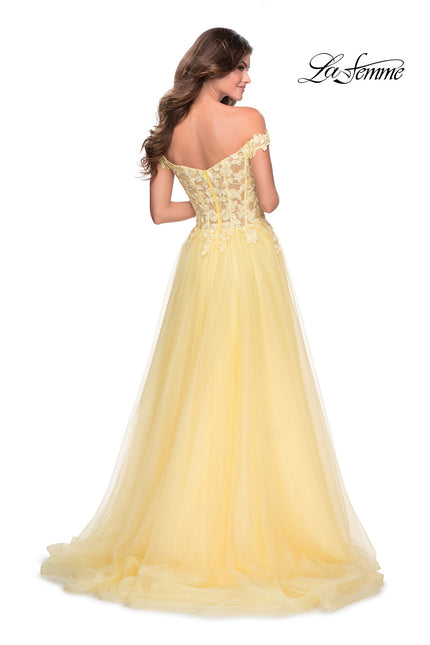 Picture of: Off the Shoulder Tulle Gown with Sheer Floral Bodice in Pale Yellow, Style: 28598, Back Picture