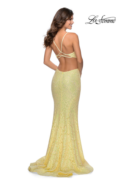 Picture of: Lace Stretch Sequin Dress with Side Cut Outs in Pale Yellow, Style: 28983, Back Picture