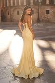Picture of: Strapless Jersey Mermaid Gown with Ruched Bodice and Lace-Up Back in Pale Yellow, Style: 33864, Back Picture