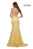 Picture of: Long Mermaid Lace Dress with Back Rhinestone Detail in Pale Yellow, Style: 28355, Detail Picture 18