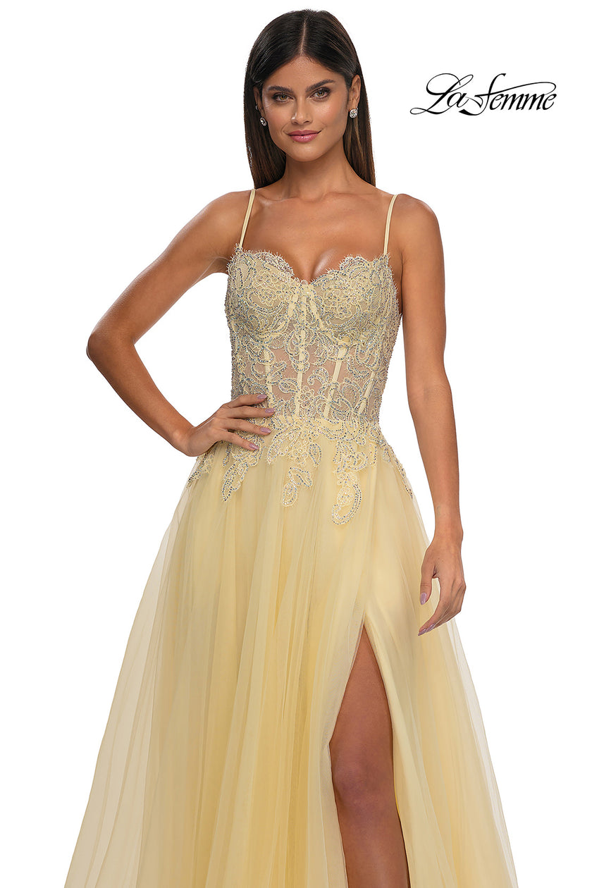 Picture of: Lace and Tulle A-line Prom Dress with High Slit in Pale Yellow, Style: 32646, Detail Picture 23