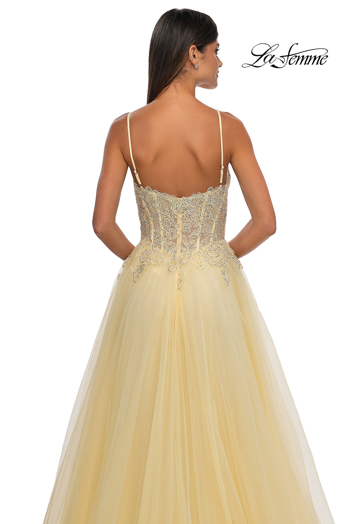 Picture of: Lace and Tulle A-line Prom Dress with High Slit in Pale Yellow, Style: 32646, Detail Picture 24