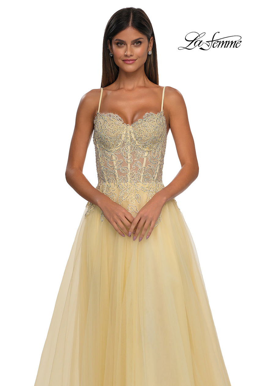 Picture of: Lace and Tulle A-line Prom Dress with High Slit in Pale Yellow, Style: 32646, Detail Picture 25