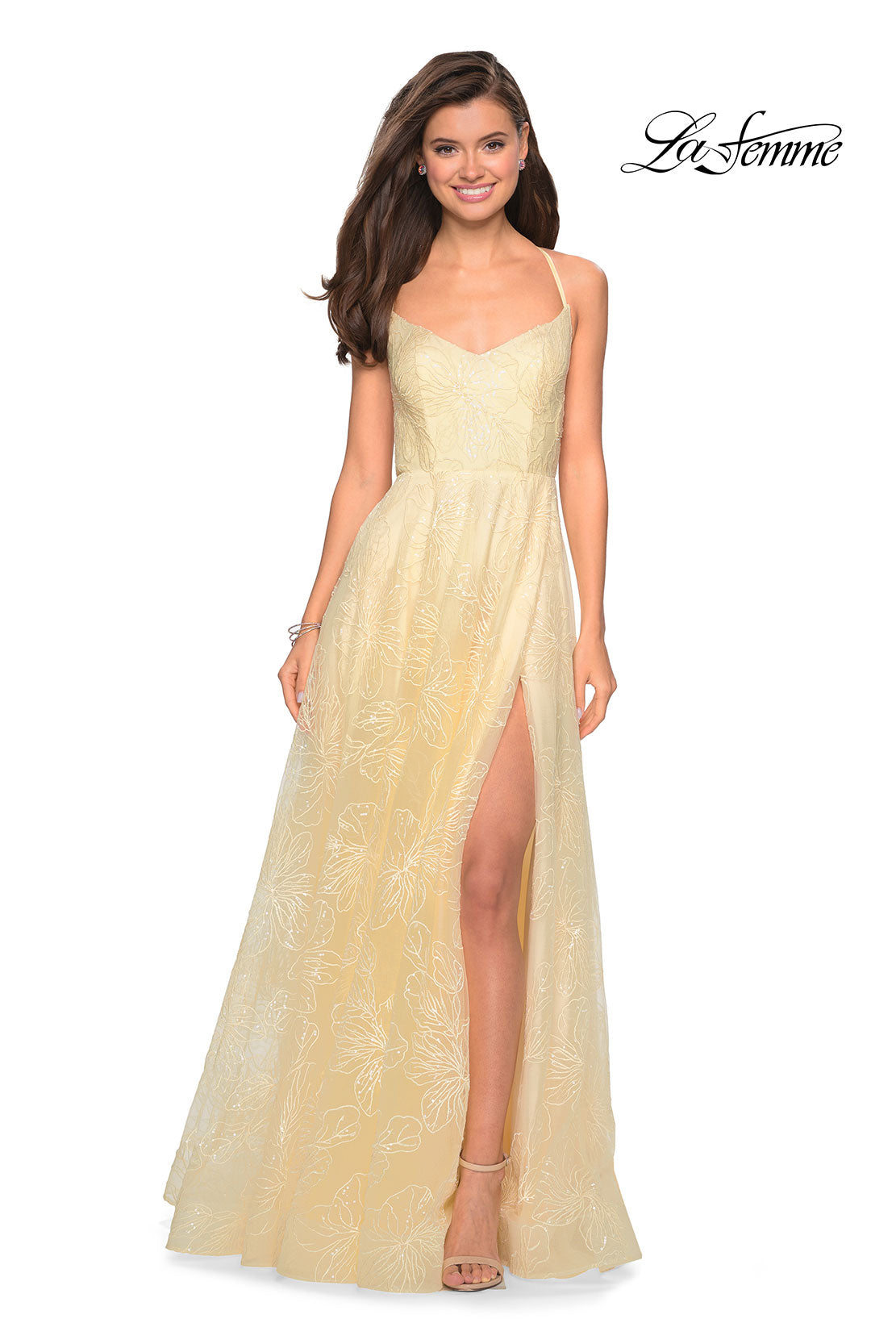 Picture of: Lace Prom Dress with Floral Detail and Side Leg Slit in Pale Yellow, Style: 27704, Detail Picture 1