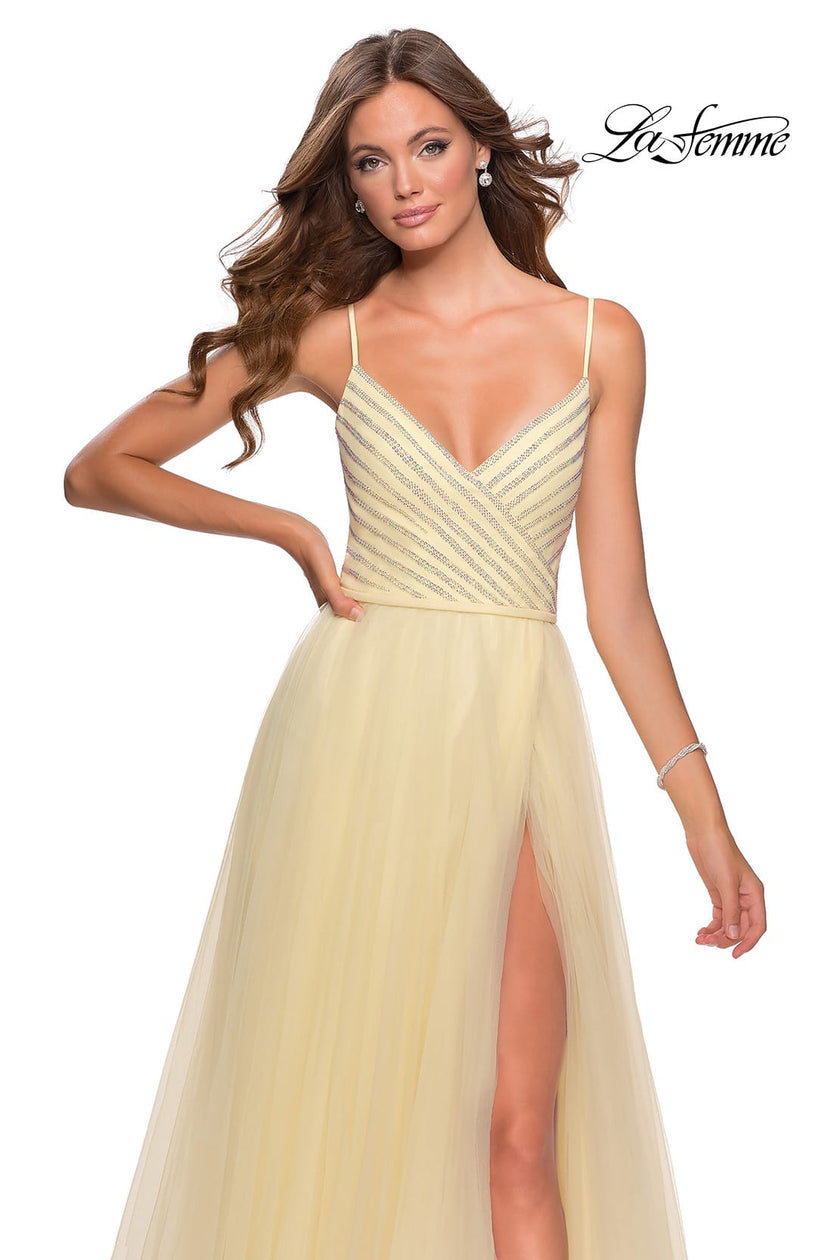 Picture of: Tulle A-line Dress with Patterned Rhinestone Bodice in Pale Yellow, Style: 28511, Detail Picture 1