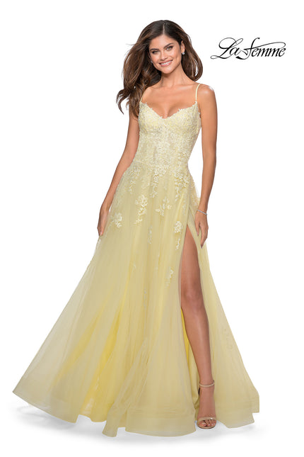 Picture of: Floral Lace Tulle A-line Gown with Side Leg Slit in Pale Yellow, Style: 28952, Detail Picture 1