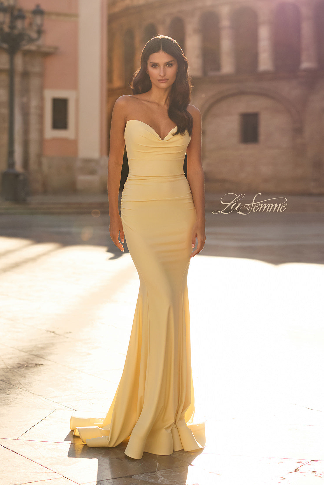 Picture of: Strapless Jersey Mermaid Gown with Ruched Bodice and Lace-Up Back in Pale Yellow, Style: 33864, Detail Picture 1