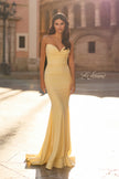 Picture of: Strapless Jersey Mermaid Gown with Ruched Bodice and Lace-Up Back in Pale Yellow, Style: 33864, Detail Picture 1