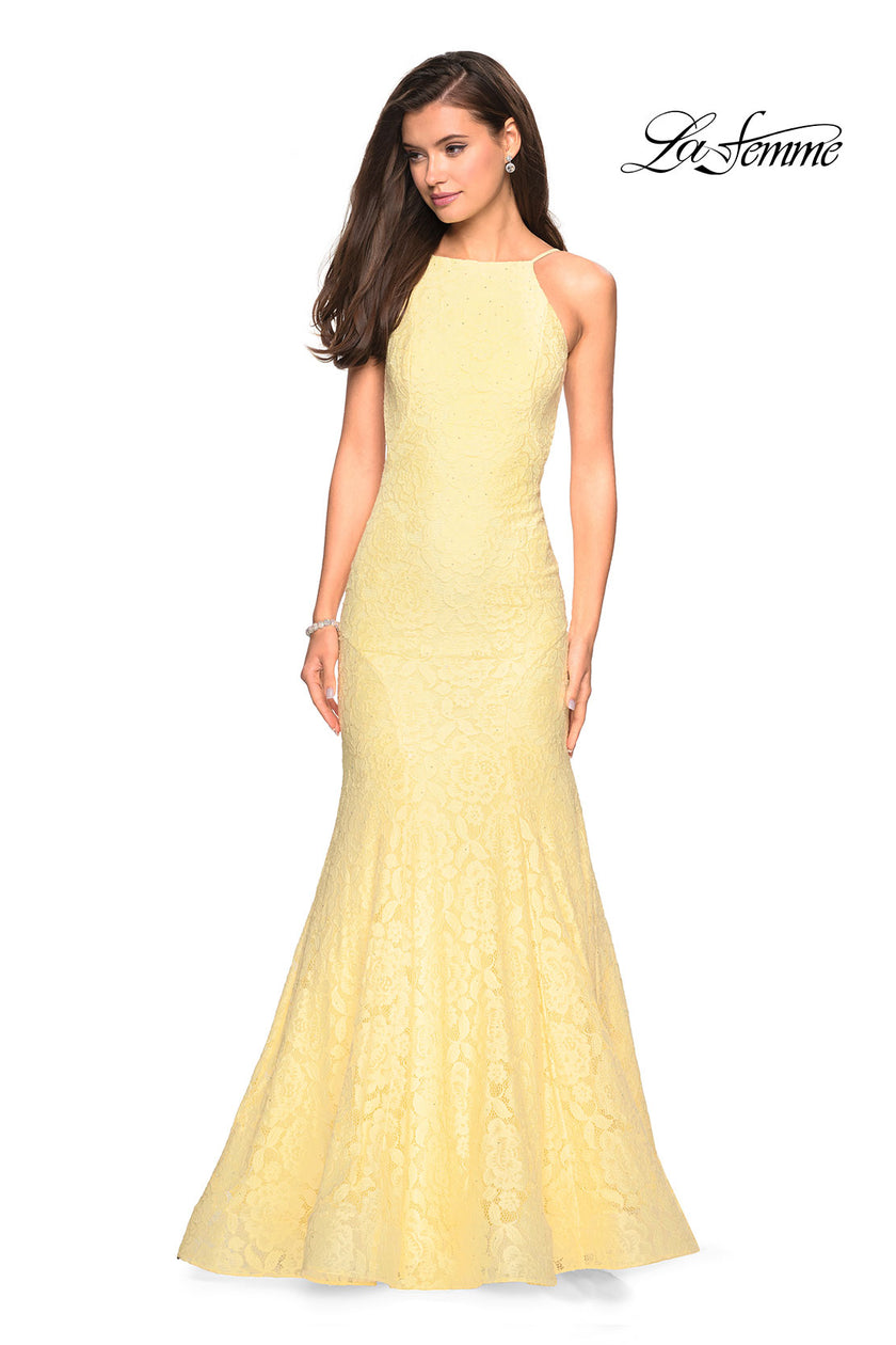 Picture of: Long Lace Prom Dress with High Neckline in Pale Yellow, Style: 27289