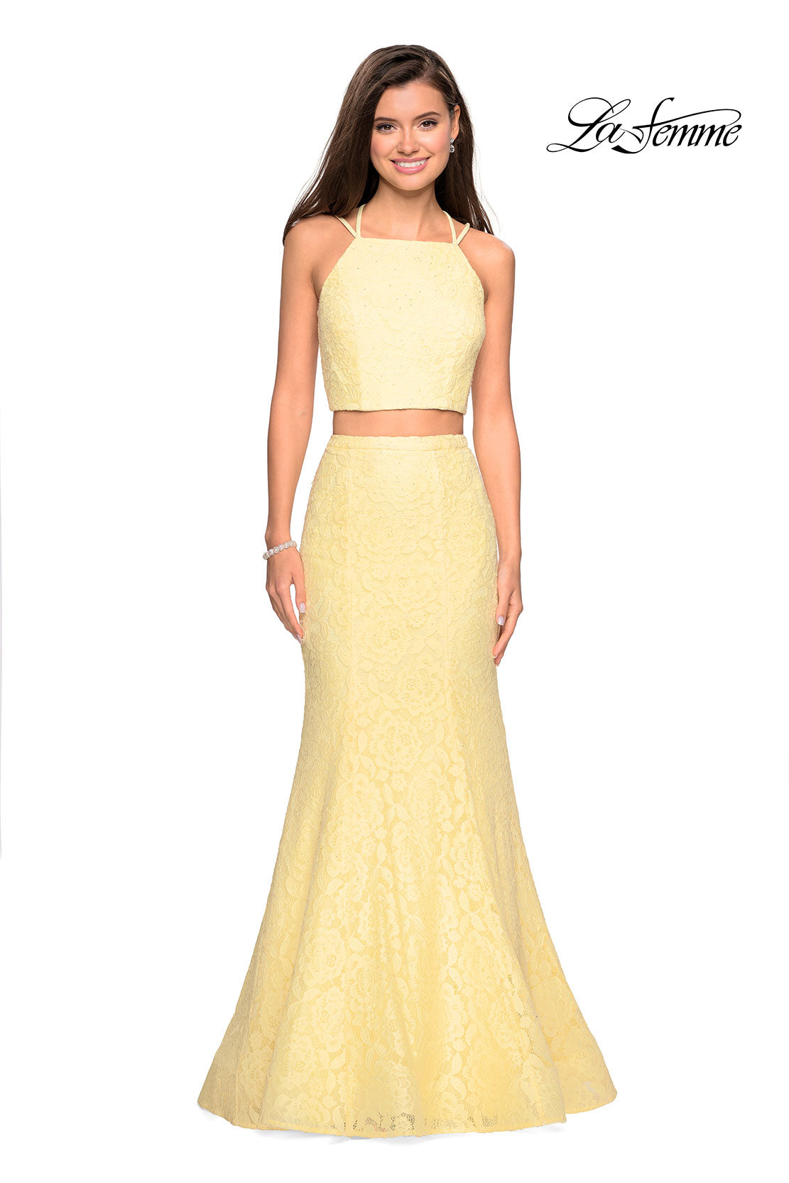 Picture of: Two Piece Stretch Lace Prom Dress with Strappy Back in Pale Yellow, Style: 27452, Detail Picture 2
