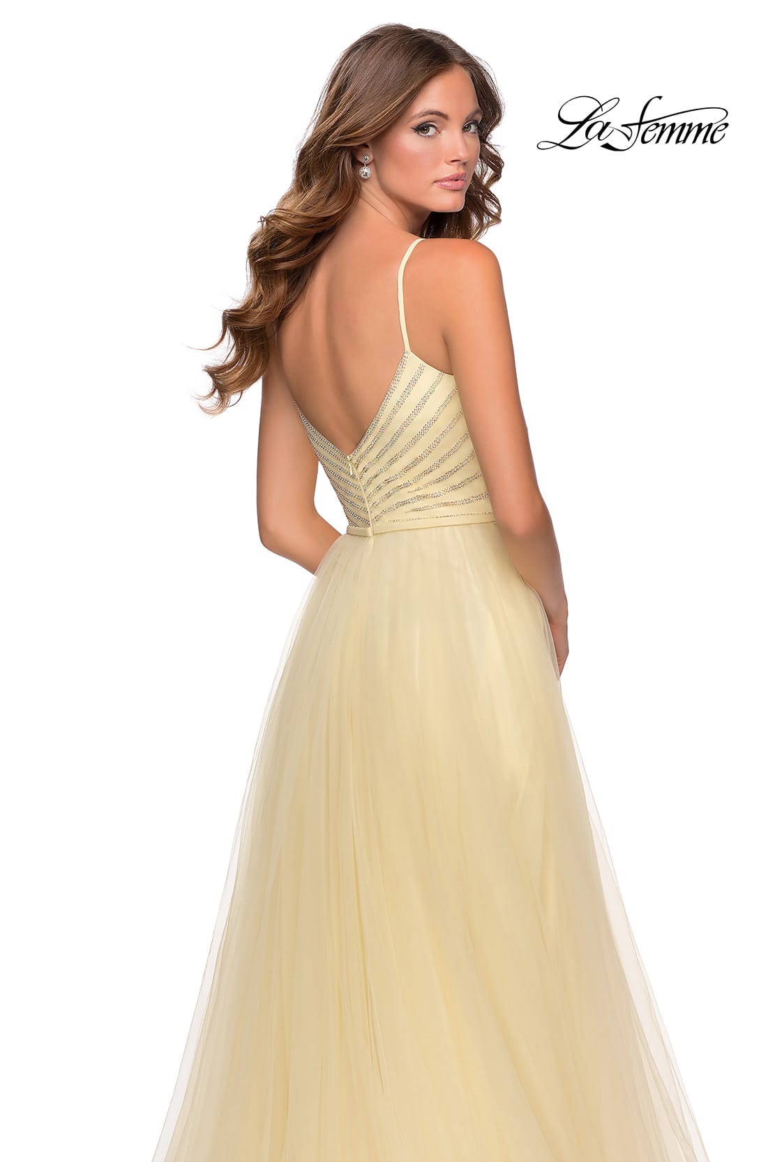 Picture of: Tulle A-line Dress with Patterned Rhinestone Bodice in Pale Yellow, Style: 28511, Detail Picture 2
