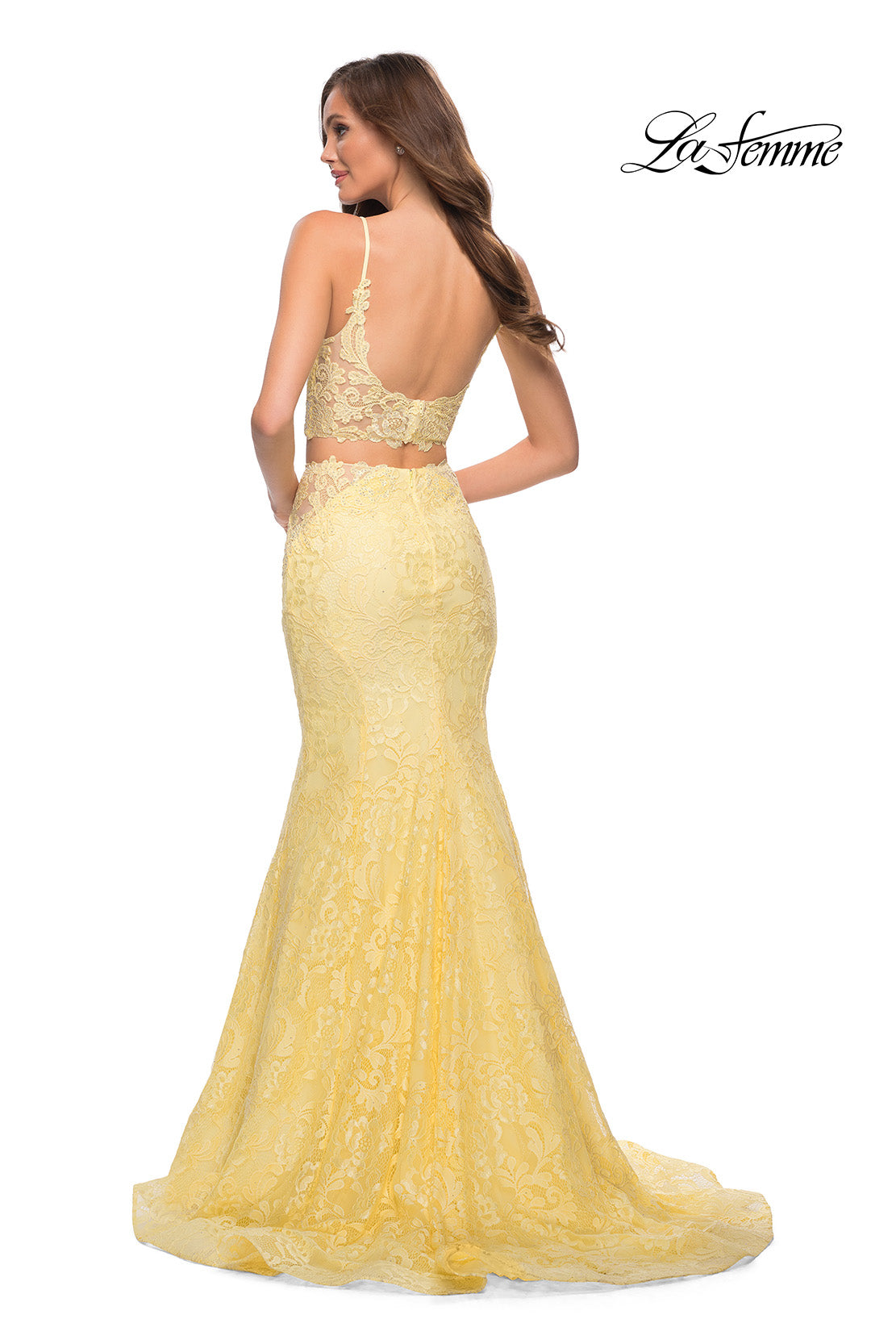 Picture of: Mermaid Two Piece Gown with Deep V and Rhinestones in Pale Yellow, Style 29970, Detail Picture 2
