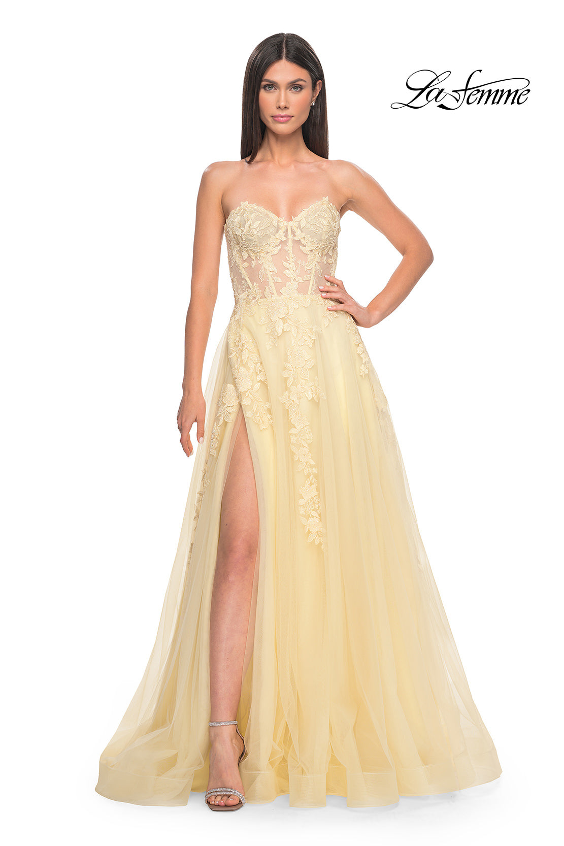 Picture of: Sweetheart Strapless Gown with Beautiful Lace Applique in Pale Yellow, Style: 32082, Detail Picture 2