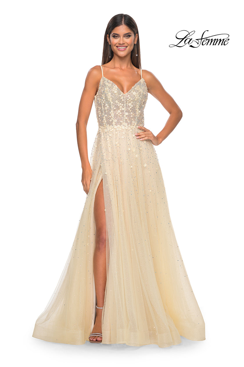 Picture of: A-Line Tulle Gown with Unique Floral and Rhinestone Details in Pale Yellow, Style: 32215, Detail Picture 2