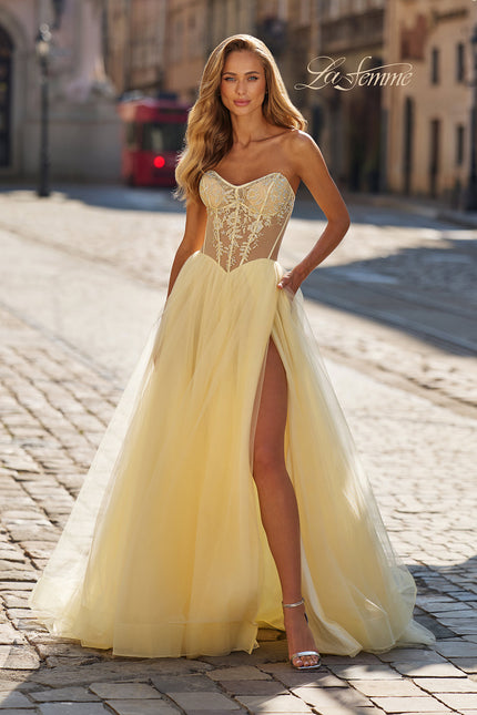 Picture of: Strapless Corset Gown with Tulle Skirt and High Slit in Pale Yellow, Style: 33491, Detail Picture 2