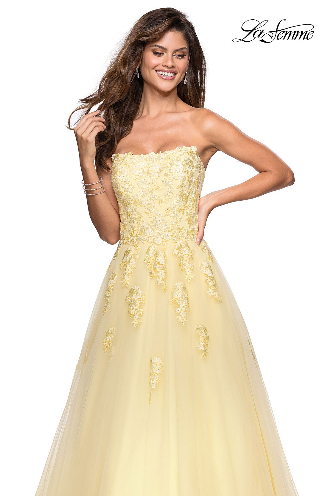Picture of: Lace Accented Strapless Ball Gown with Pockets in Pale Yellow, Style: 27330, Detail Picture 3
