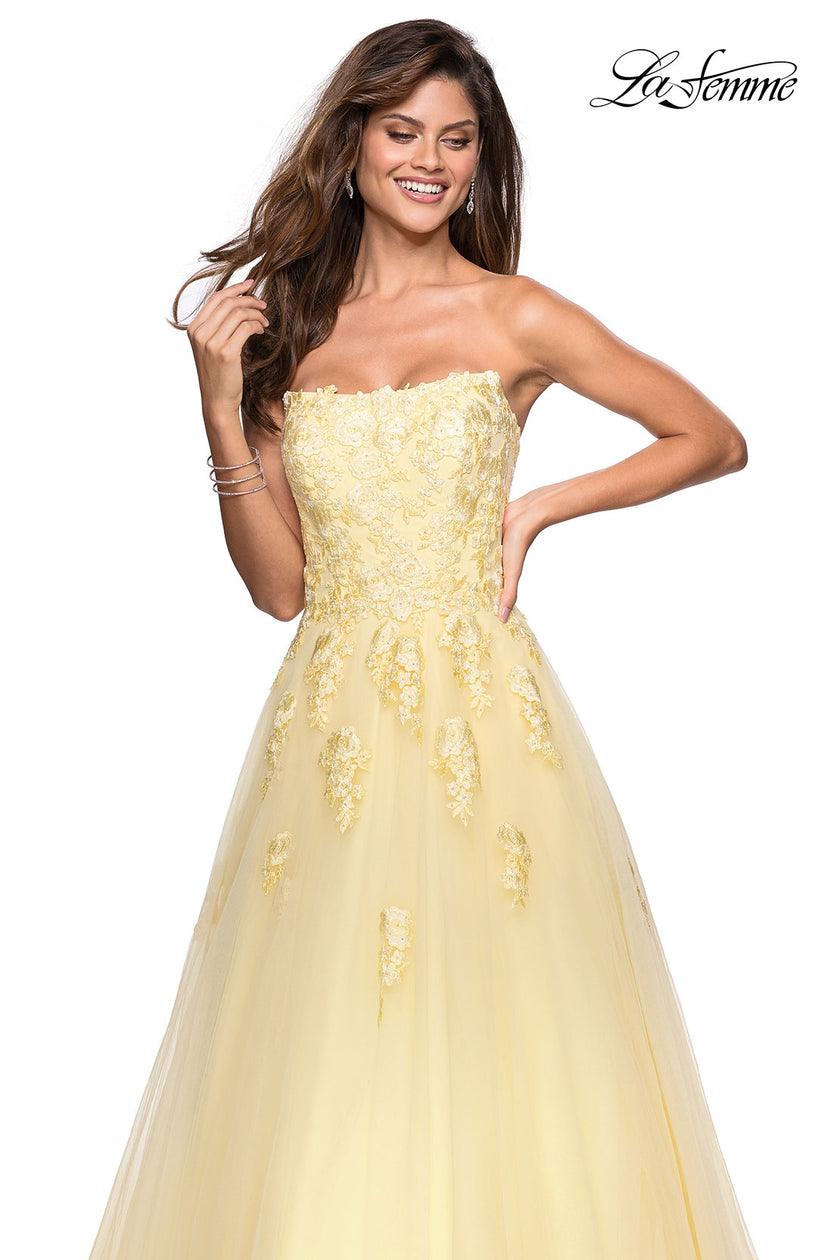 Picture of: Lace Accented Strapless Ball Gown with Pockets in Pale Yellow, Style: 27330, Detail Picture 3