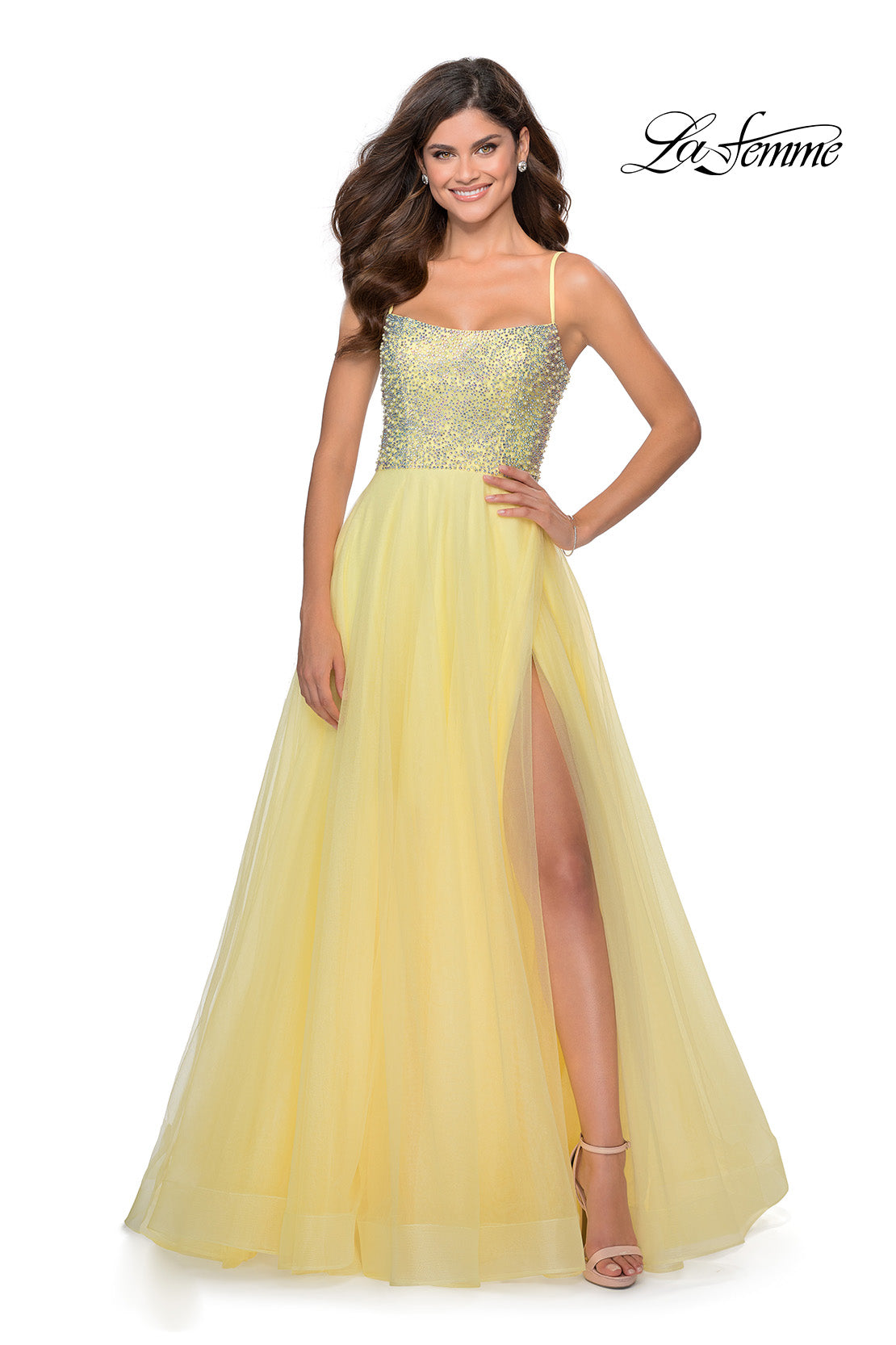 Picture of: Long Tulle Ball Gown with Beaded Bodice and Slit in Pale Yellow, Style: 28530, Detail Picture 3
