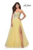 Picture of: Long Tulle Ball Gown with Beaded Bodice and Slit in Pale Yellow, Style: 28530, Detail Picture 3