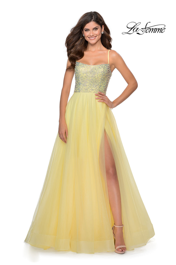 Picture of: Long Tulle Ball Gown with Beaded Bodice and Slit in Pale Yellow, Style: 28530, Detail Picture 3