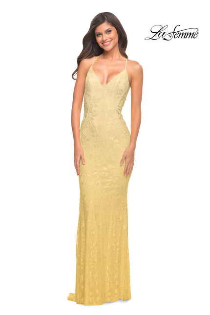 Picture of: Lace Prom Dress with Illusion Embellished Sides in Pale Yellow, Style: 30474, Detail Picture 3