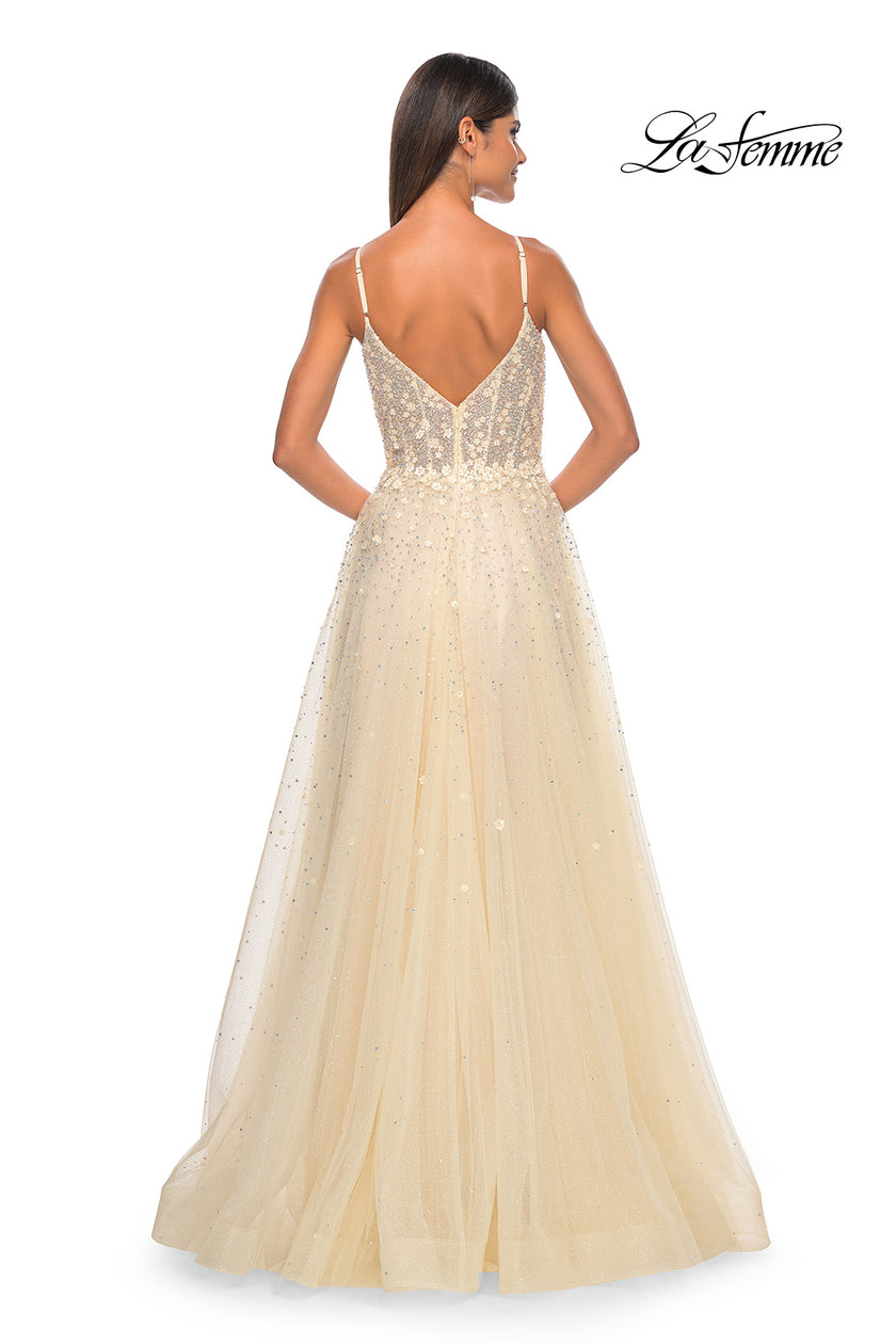 Picture of: A-Line Tulle Gown with Unique Floral and Rhinestone Details in Pale Yellow, Style: 32215, Detail Picture 3