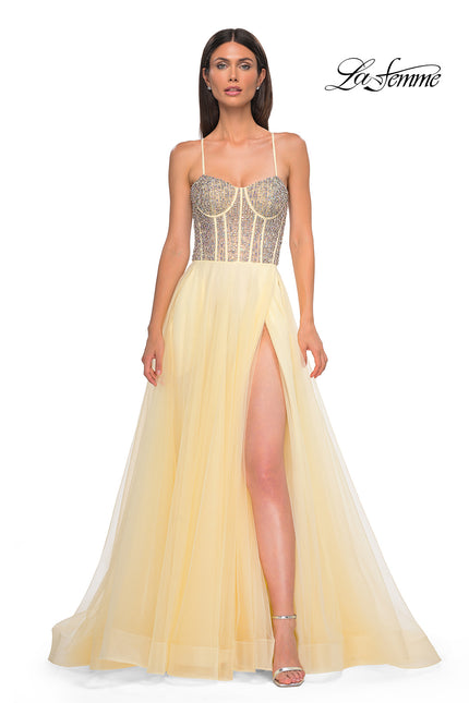 Picture of: Rhinestone Embellished Corset with Lace Up Back and Tulle Skirt in Pale Yellow, Style 32703, Detail Picture 3