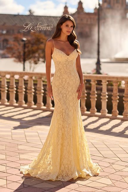 Picture of: Lace Fitted Gown with Sheer Back and Spaghetti Straps in Pale Yellow, Style: 33452, Detail Picture 3