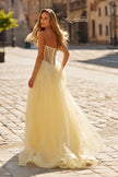 Picture of: Strapless Corset Gown with Tulle Skirt and High Slit in Pale Yellow, Style: 33491, Detail Picture 3