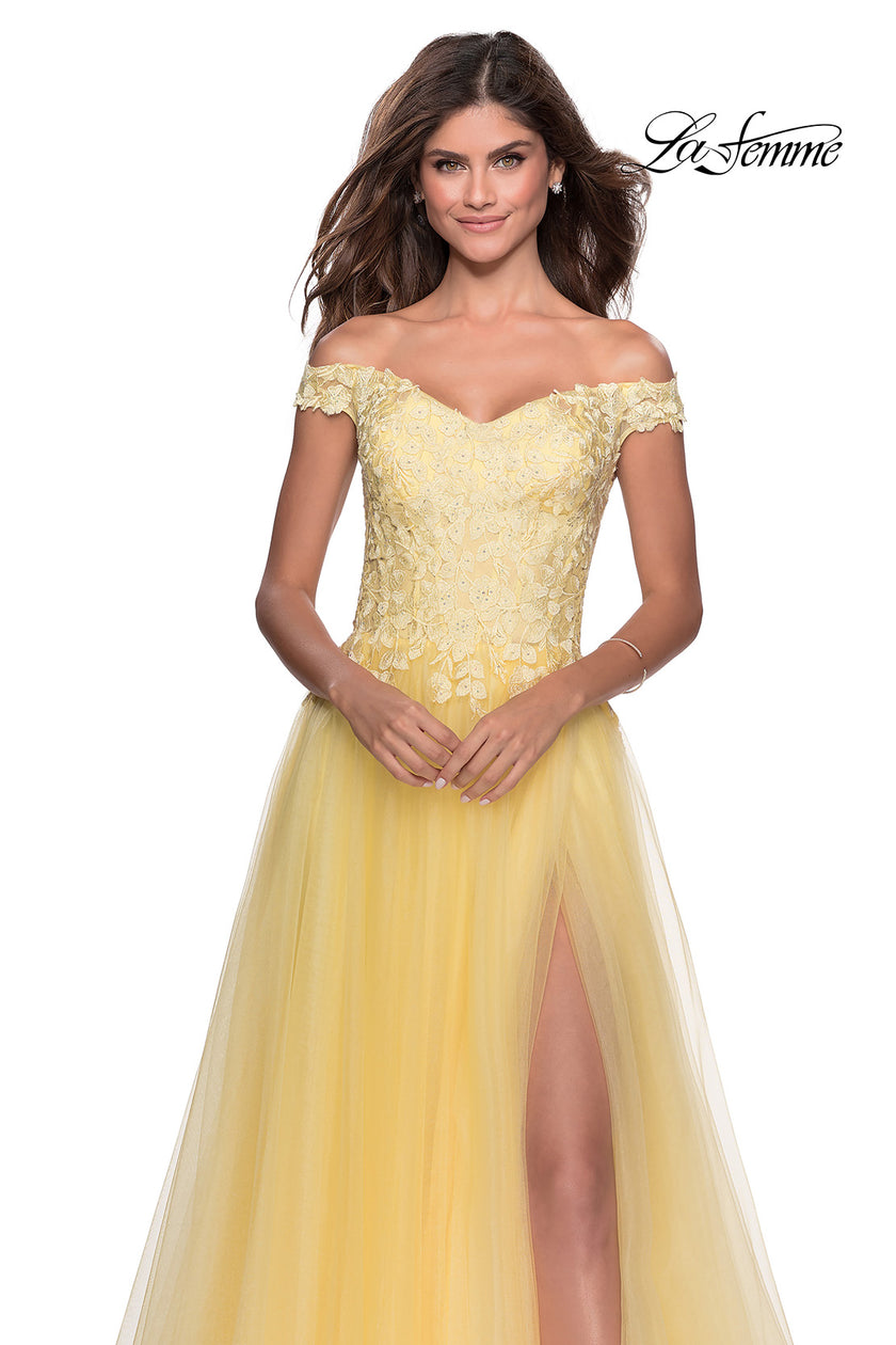 Picture of: Off the Shoulder Tulle Gown with Sheer Floral Bodice in Pale Yellow, Style: 28598, Detail Picture 4