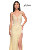 Picture of: Lace Fitted Dress with Deep V Neckline and Lace Applique in Pale Yellow, Style: 32205, Detail Picture 4