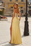 Picture of: Strapless Embellished Corset Gown with High Slit and Lace-Up Back in Pale Yellow, Style: 33355, Detail Picture 4