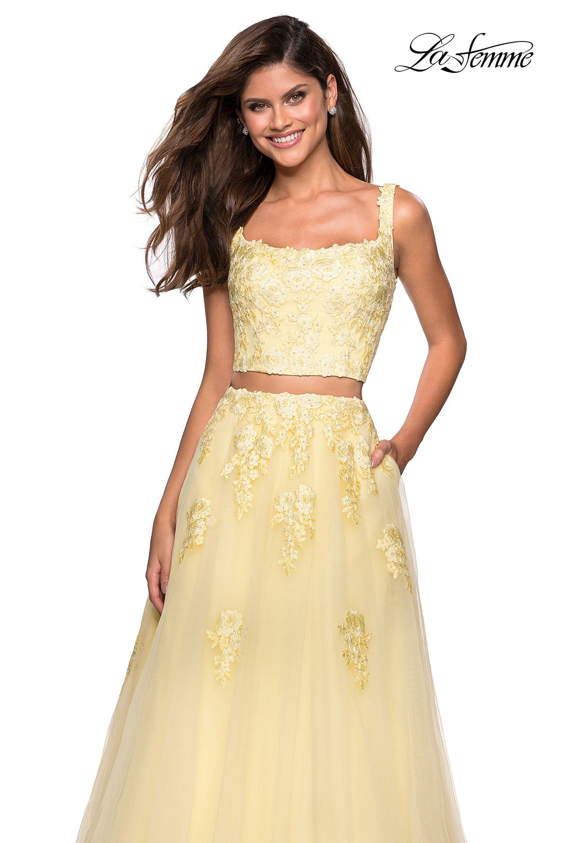Picture of: Two Piece Floor Length Prom Dress with Lace Detail in Pale Yellow, Style: 27489, Detail Picture 5