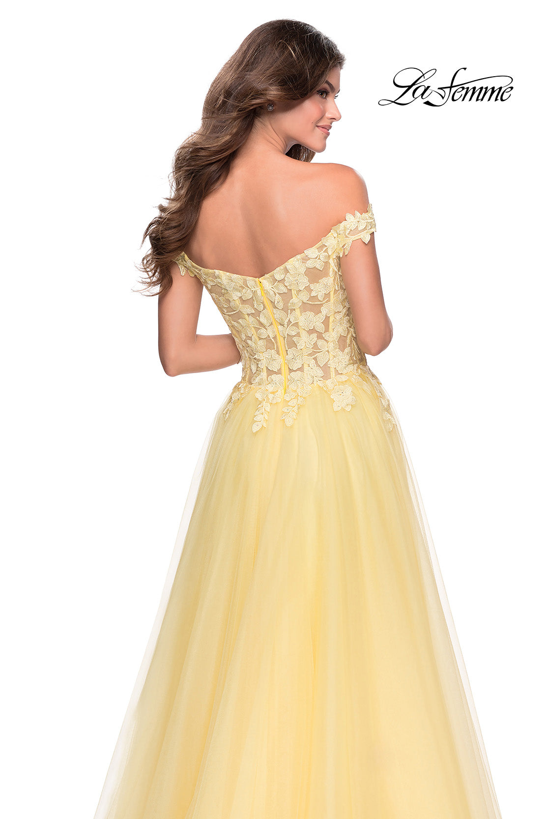 Picture of: Off the Shoulder Tulle Gown with Sheer Floral Bodice in Pale Yellow, Style: 28598, Detail Picture 5