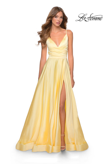 Picture of: Long Satin Dress with Side Slit and V Shaped Back in Pale Yellow, Style: 28607, Detail Picture 5