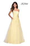 Picture of: Lace Accented Strapless Ball Gown with Pockets in Pale Yellow, Style: 27330