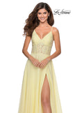 Picture of: Chiffon Prom Dress with Sheer Floral Lace Bodice in Pale Yellow, Style: 28664, Detail Picture 6